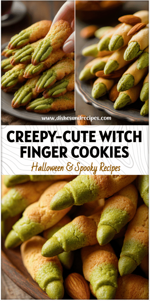 Plate of Spooky Witch Finger Cookies shaped like Halloween Fingers with almond nails and green shortbread dough.